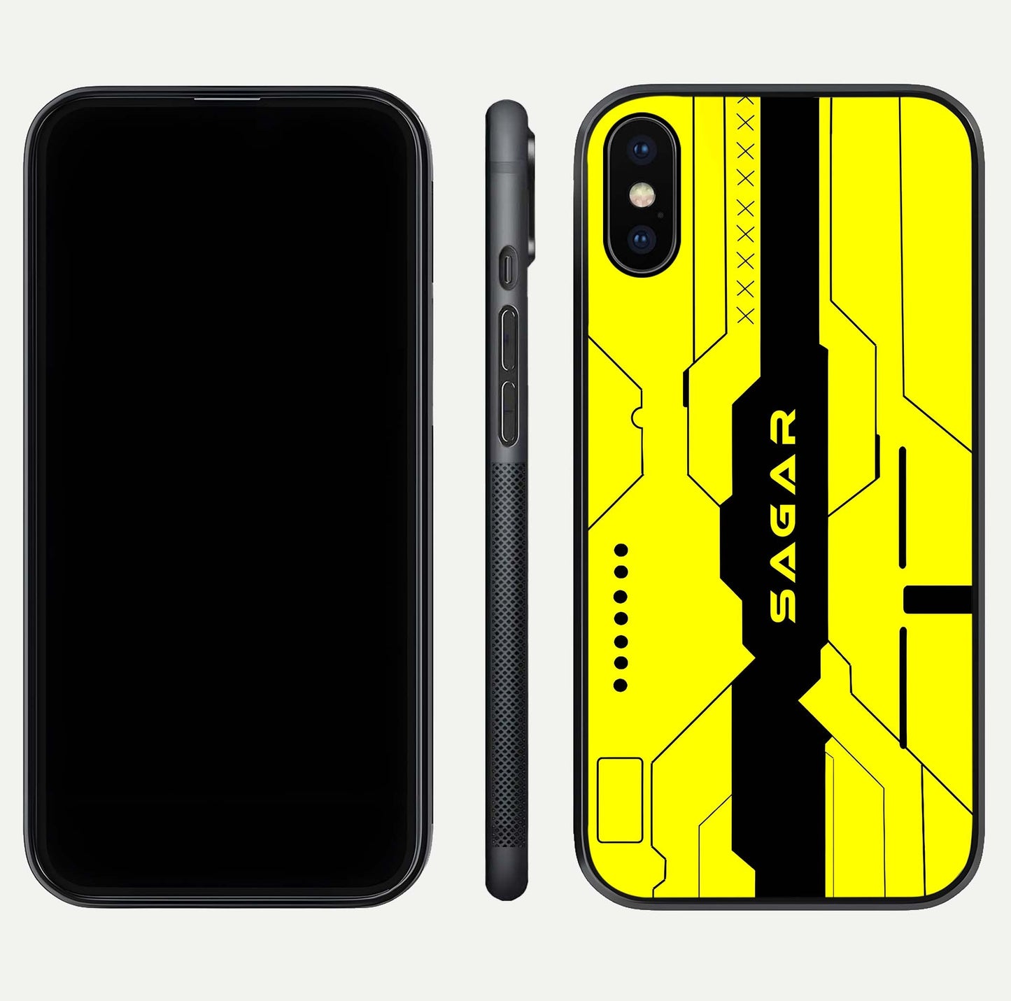 Circuit CYBERPUNK Custom Name Glass Case for iPhone X dual-view layout showing bold tech art and edge clarity