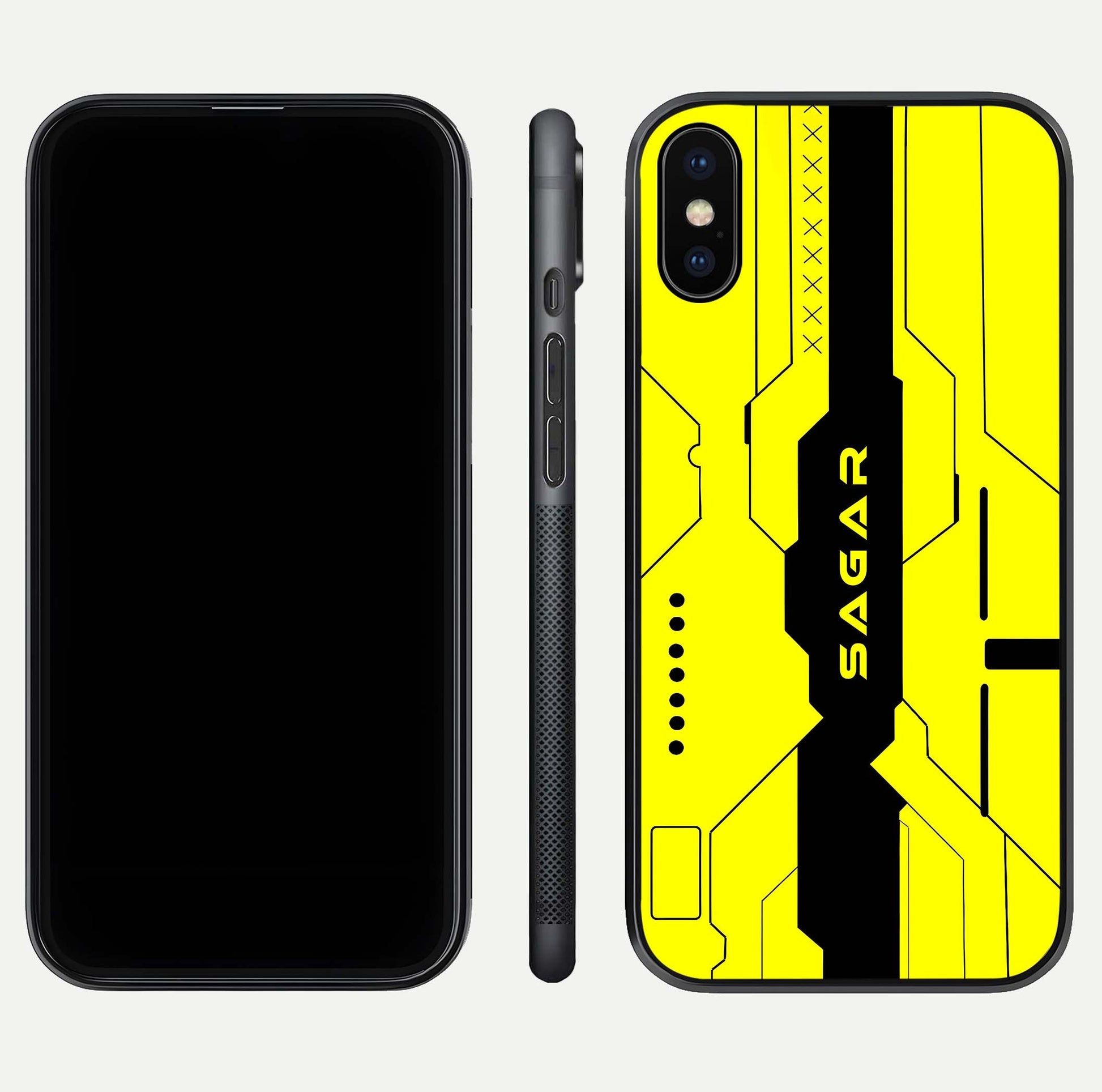 Circuit CYBERPUNK Custom Name Glass Case for iPhone X dual-view layout showing bold tech art and edge clarity