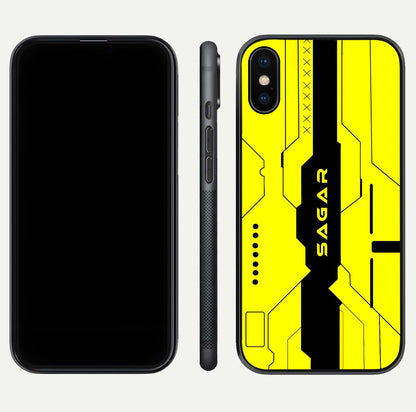 Circuit CYBERPUNK Custom Name Glass Case for iPhone X dual-view layout showing bold tech art and edge clarity