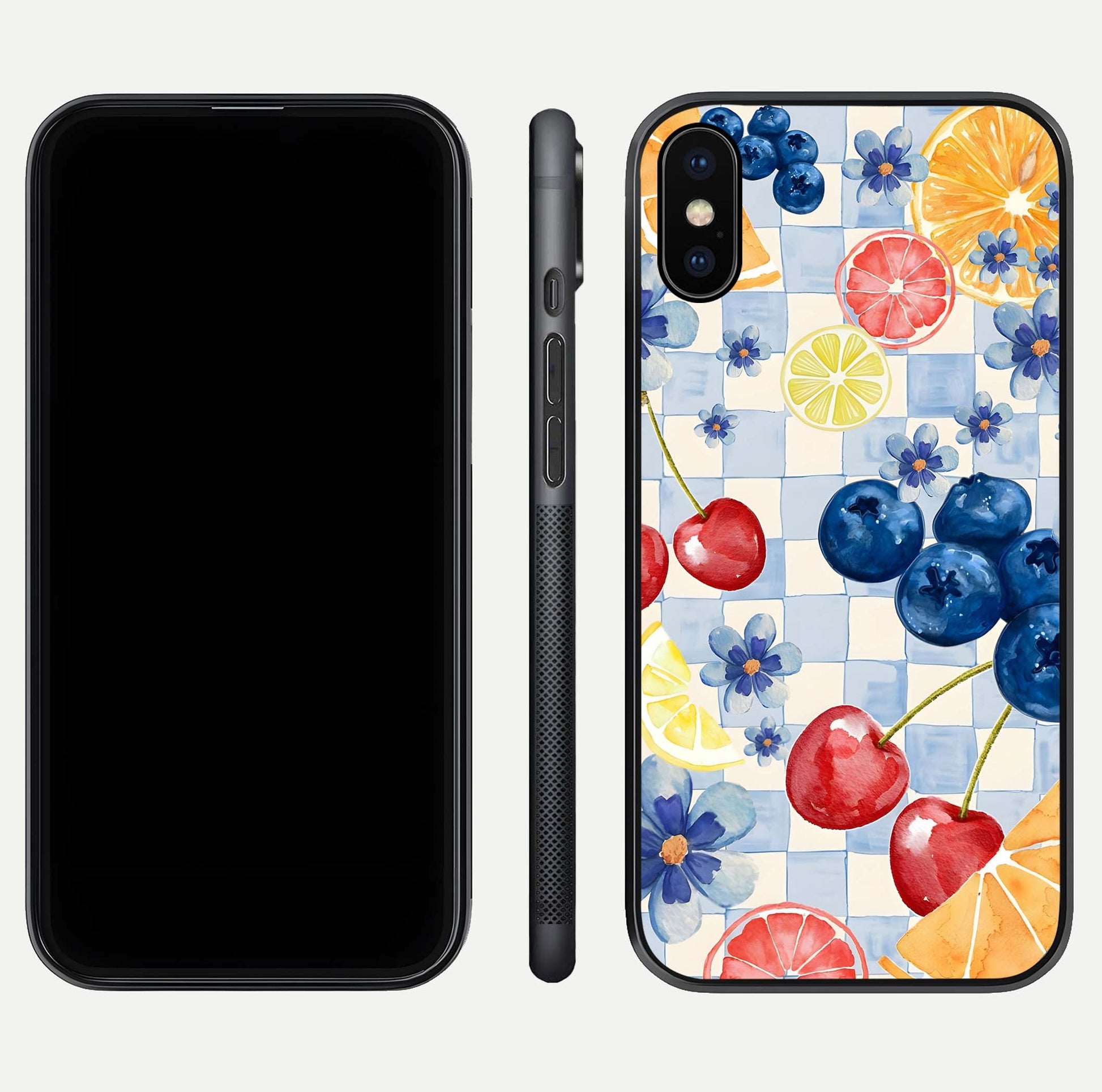 Citrus Bloom Joy Glass Case for iPhone X dual-view layout displaying colorful print and smooth edges