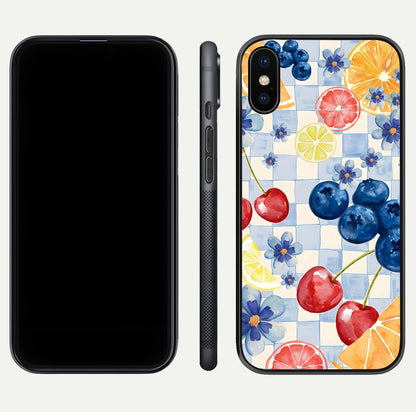 Citrus Bloom Joy Glass Case for iPhone X dual-view layout displaying colorful print and smooth edges
