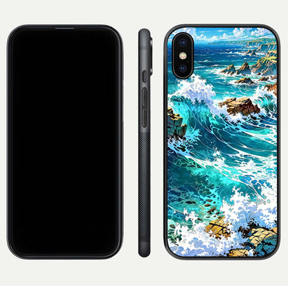 Coastal Blue Waves Glass Case for iPhone X dual-view layout displaying sea tones and curved finish