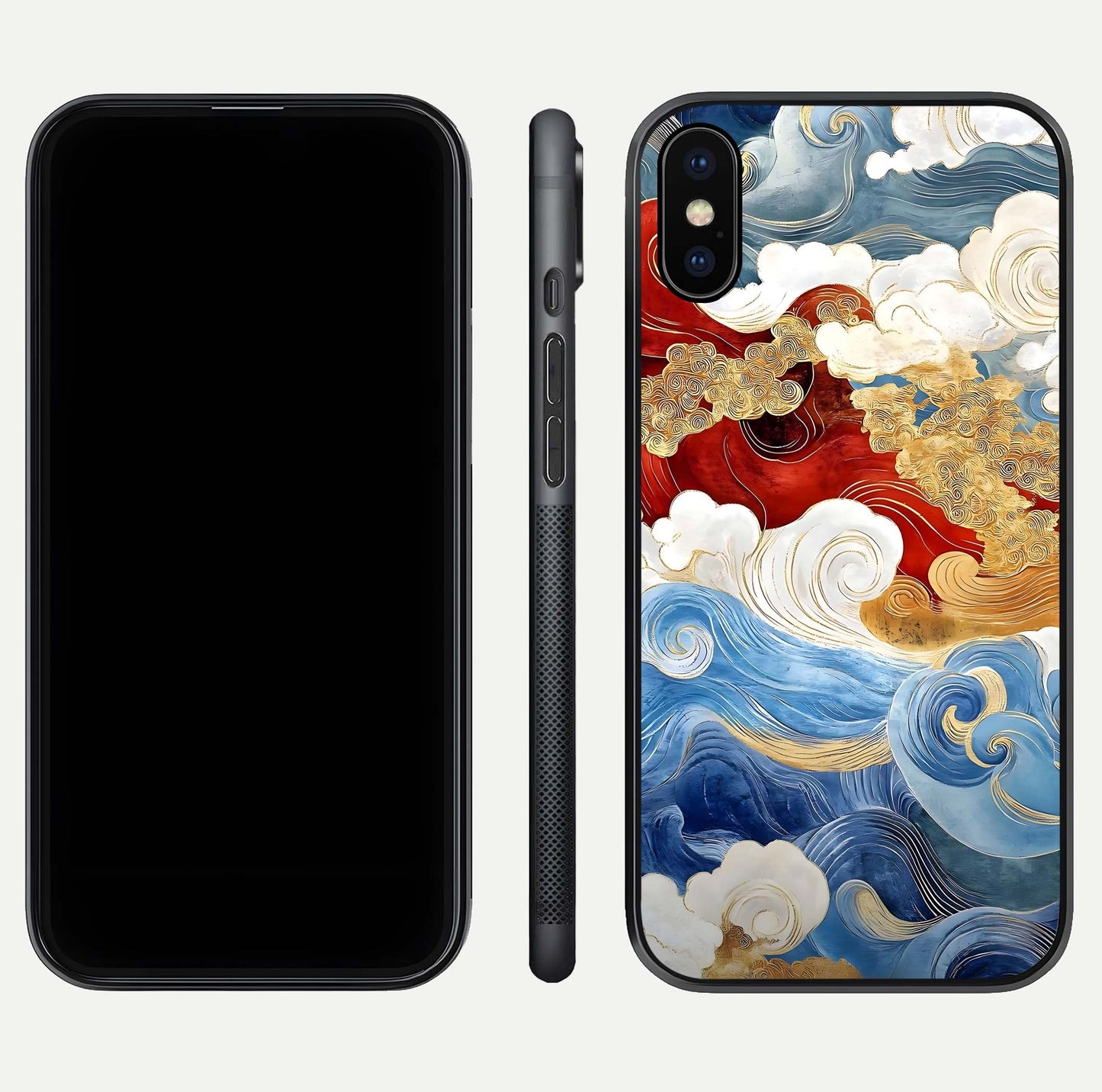 Colored Waves Glass Case for iPhone X front & back layout showing smooth edges and vivid print tones