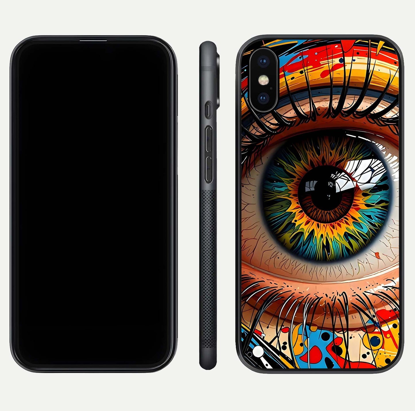 Colorful Eye Glass Case for iPhone X dual-view layout displaying vivid tones and smooth glass edges