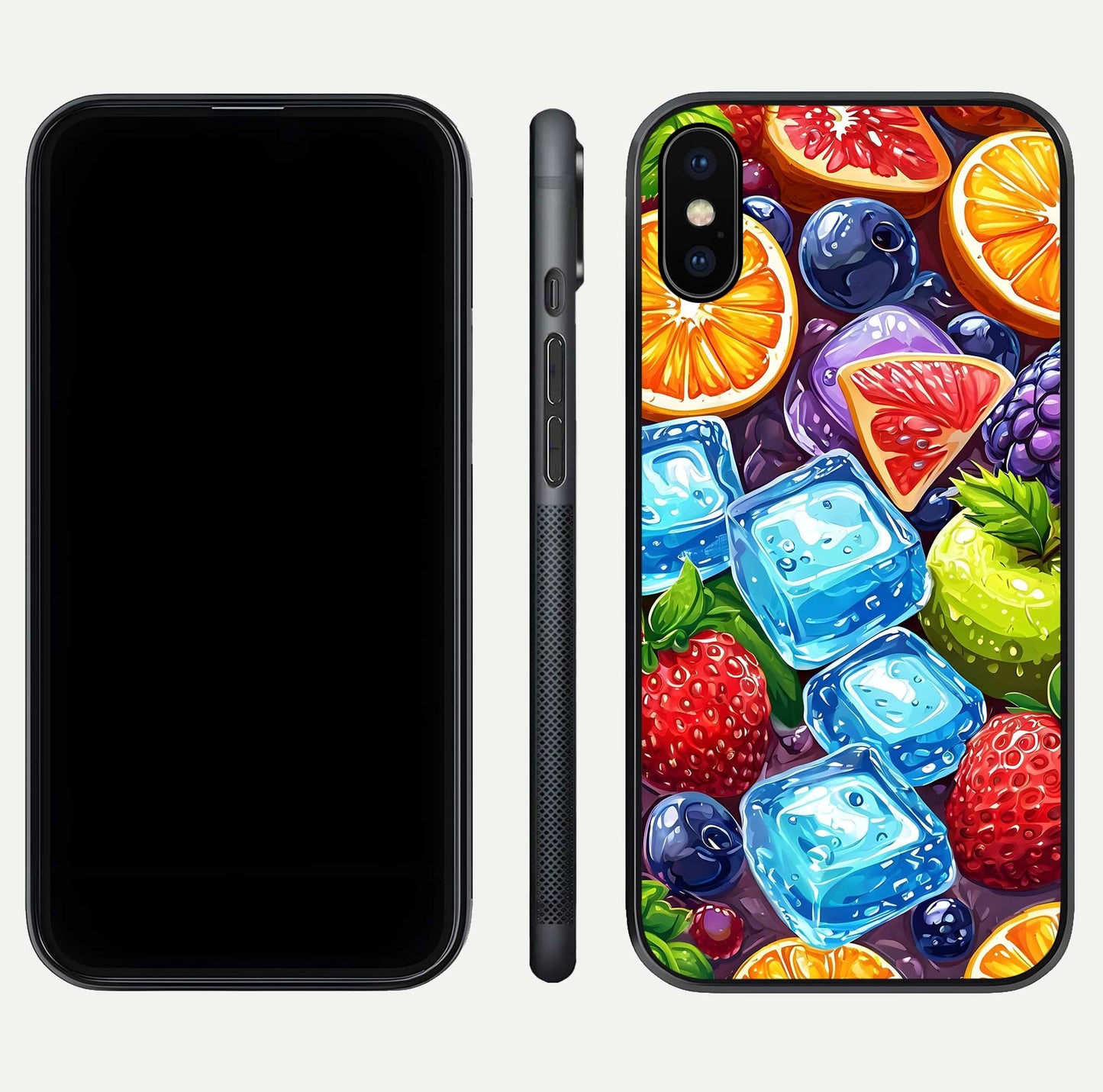 Colorful Fruits with Ice Glass Case for iPhone X dual-view layout showing fresh tones and polished edges