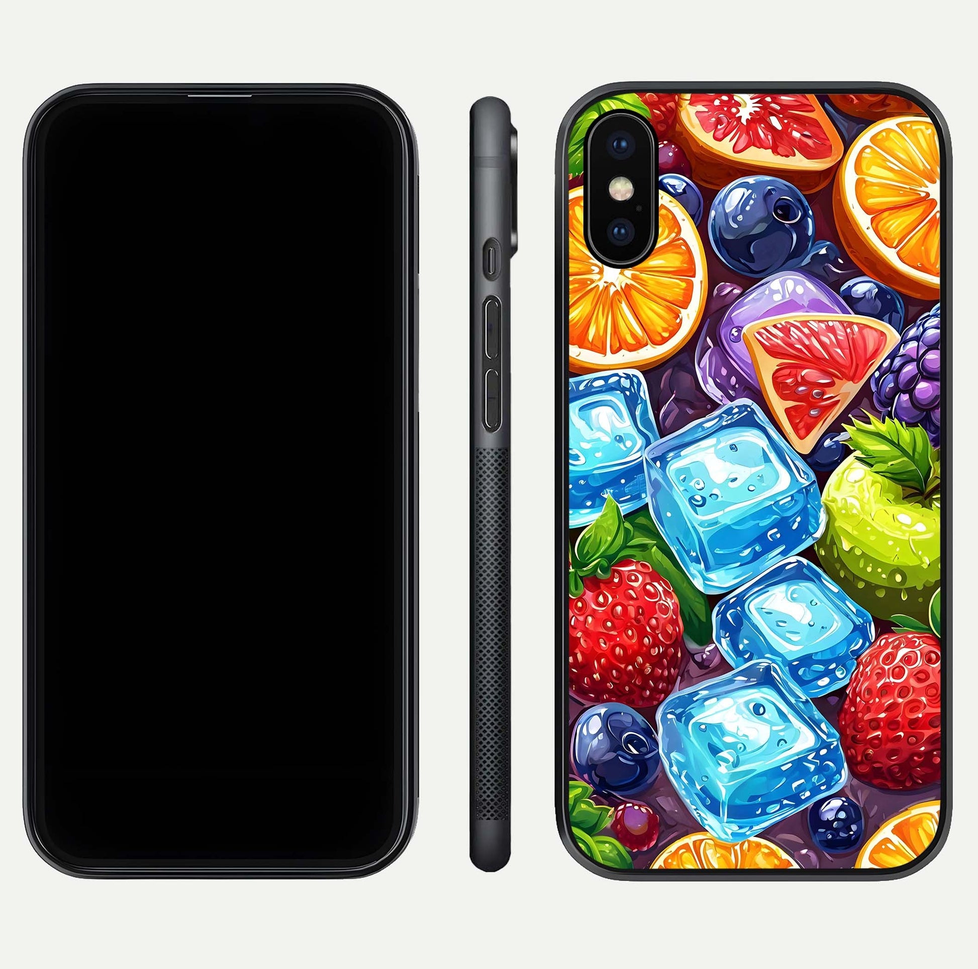 Colorful Fruits with Ice Glass Case for iPhone X dual-view layout showing fresh tones and polished edges