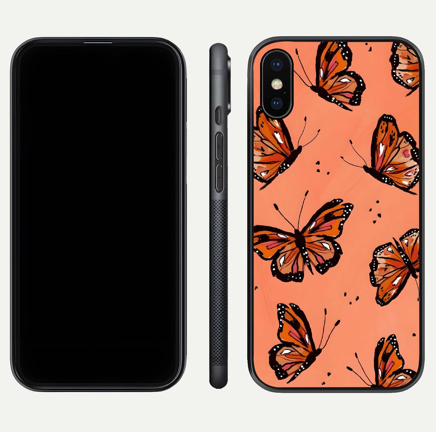 Coral Wing Butterfly Glass Case for iPhone X dual-view layout displaying soft floral tones and curved edges