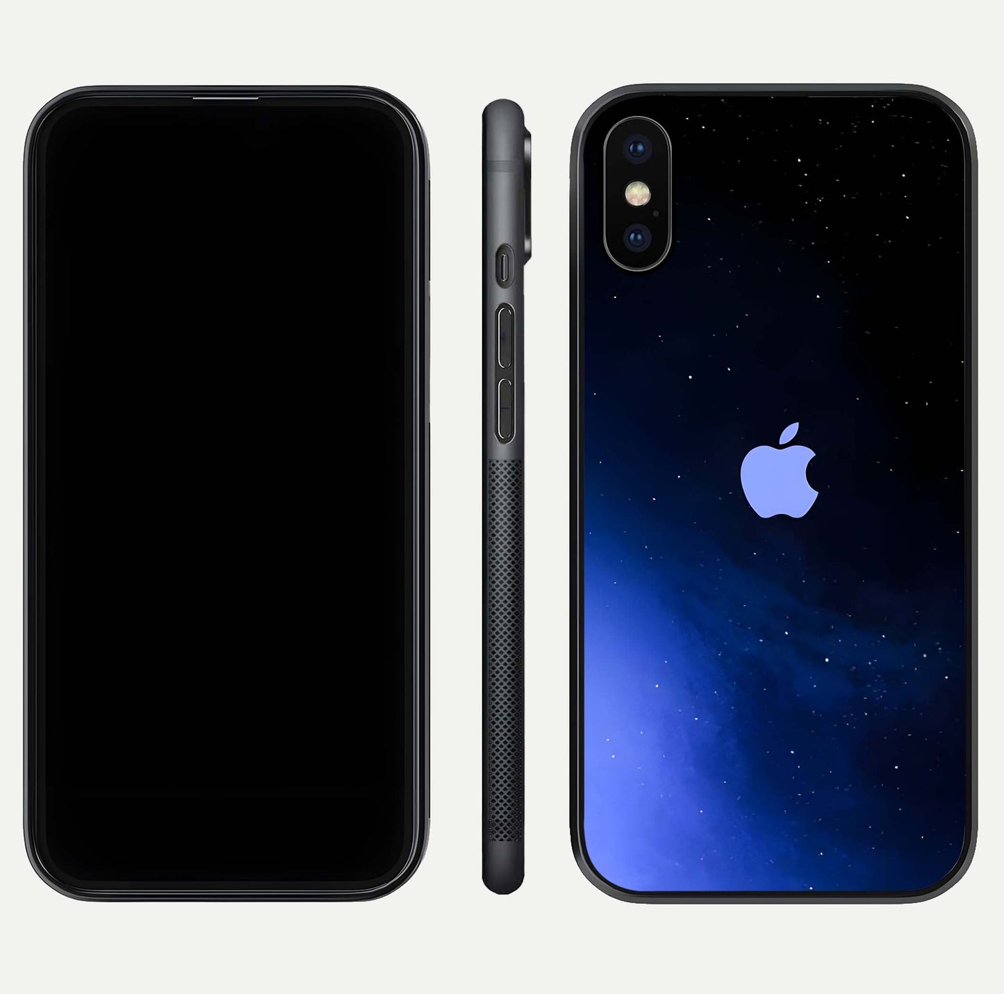 Cosmic Blue Apple Glass Case for iPhone X dual-view layout displaying cosmic tones and glass edges