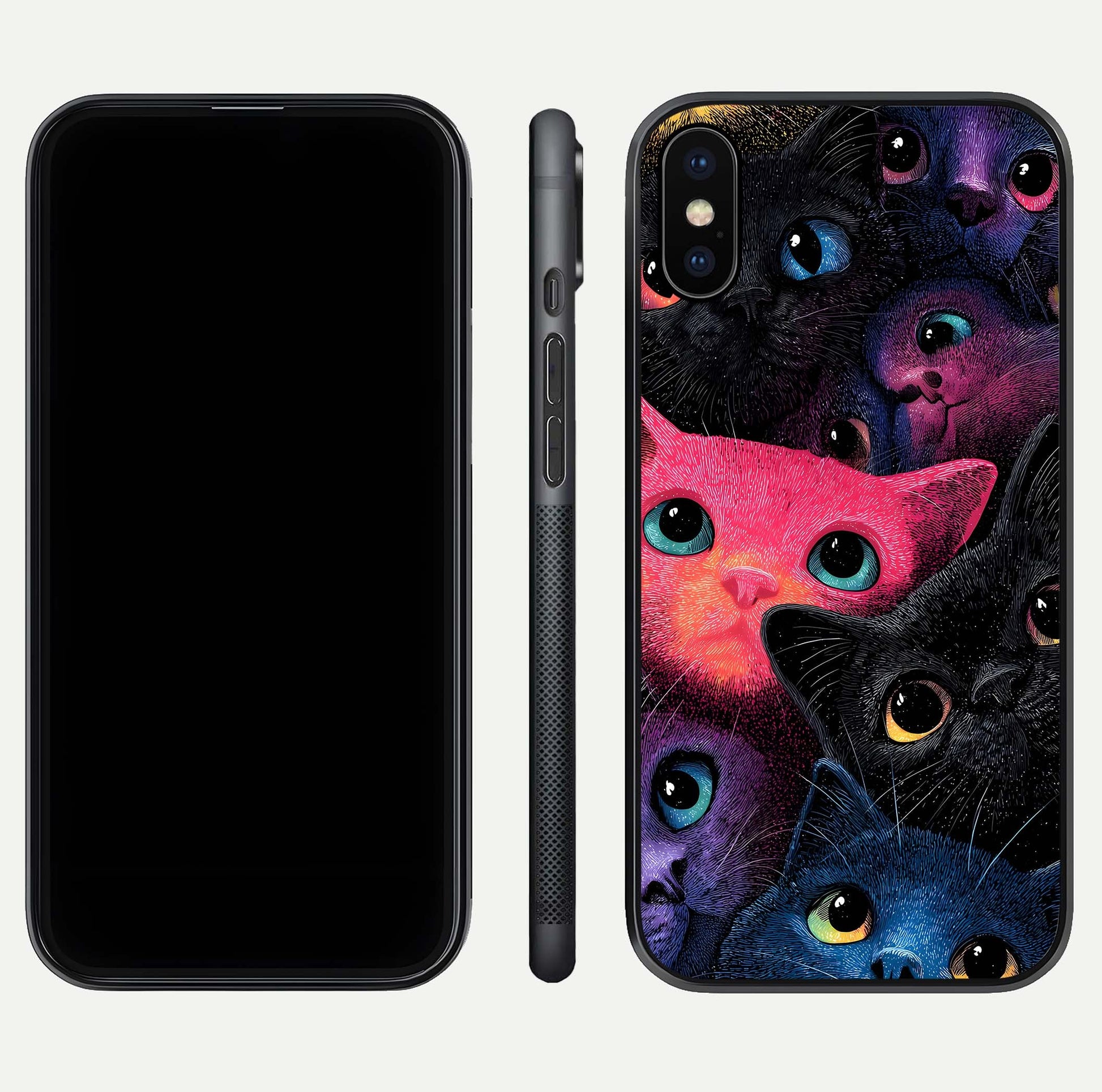 Cosmic Cats Dreams Glass Case for iPhone X dual-view layout displaying HD print and glossy shine