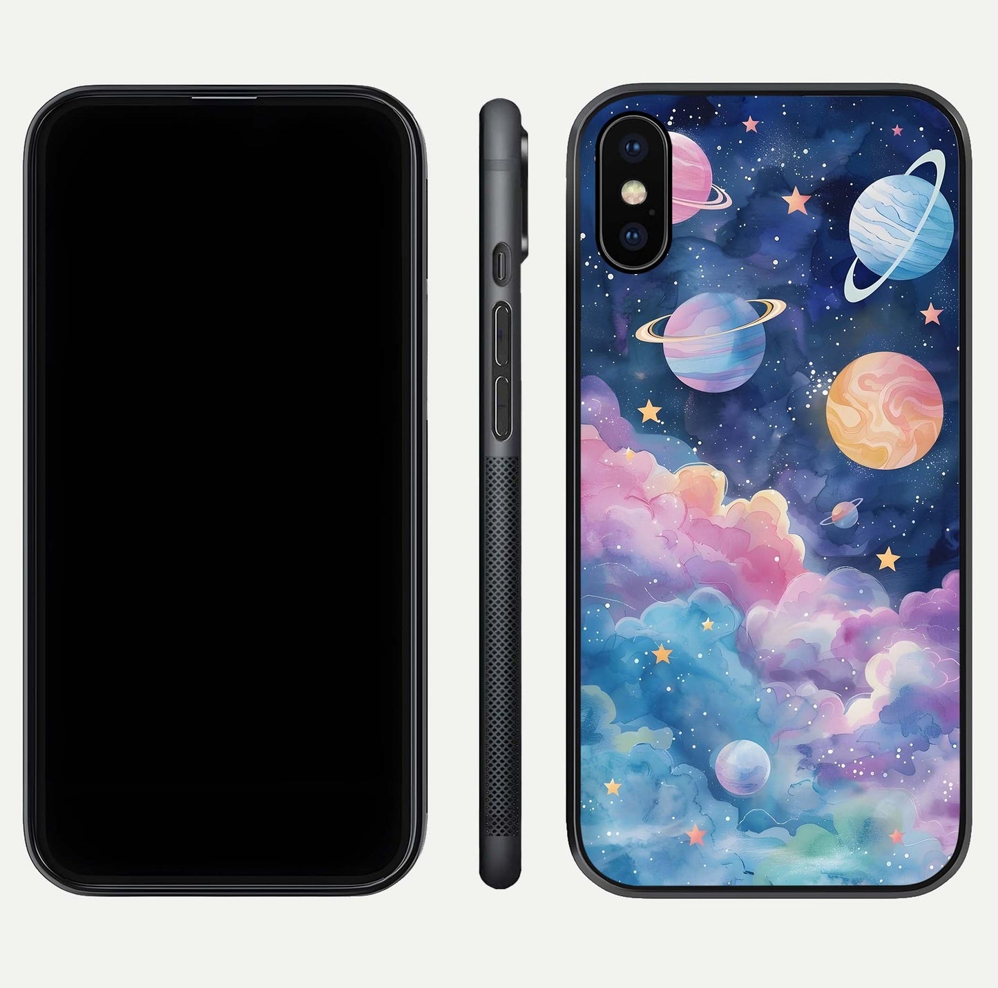 Cosmic Planet Dreams Glass Case for iPhone X dual-view layout displaying galaxy colors and curved finish
