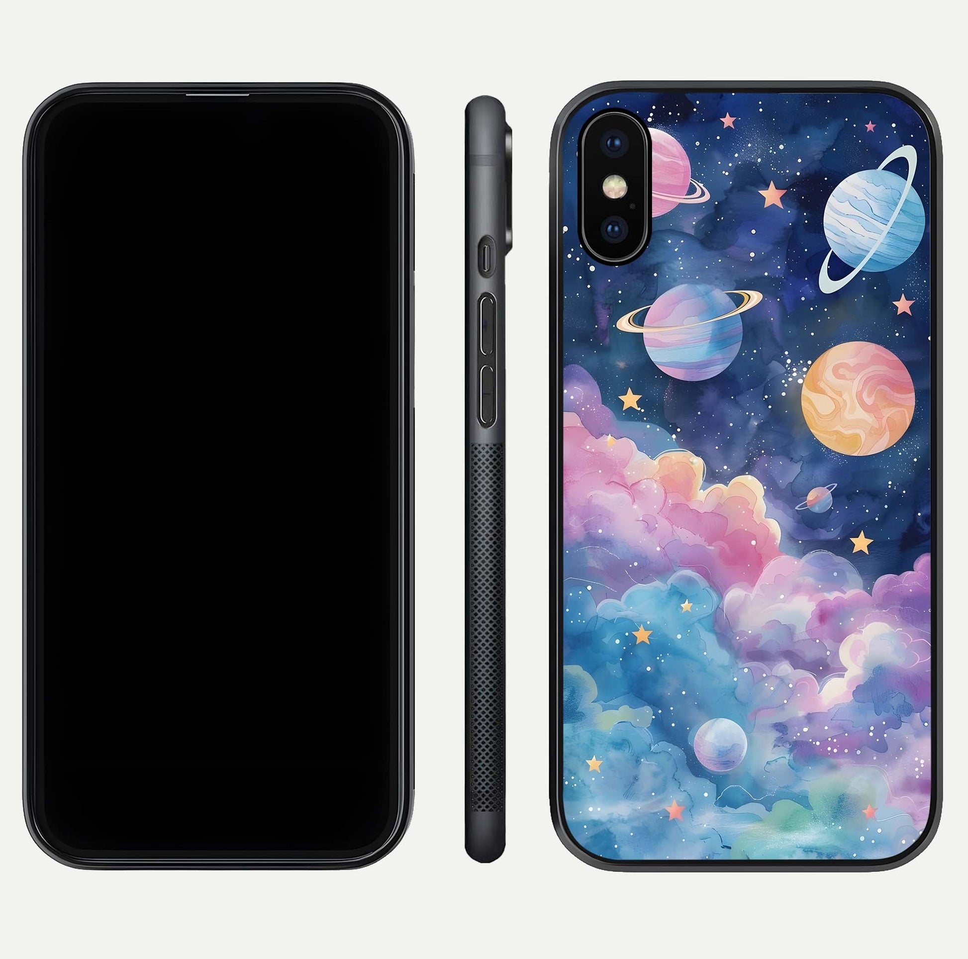 Cosmic Planet Dreams Glass Case for iPhone X dual-view layout displaying galaxy colors and curved finish