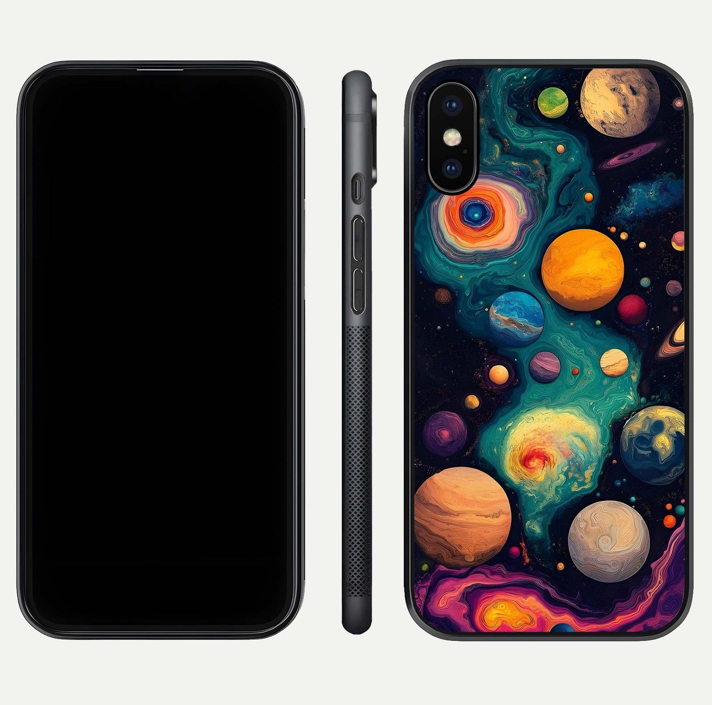 Cosmic Planet Journey Glass Case for iPhone X dual-view layout displaying colorful cosmic balance