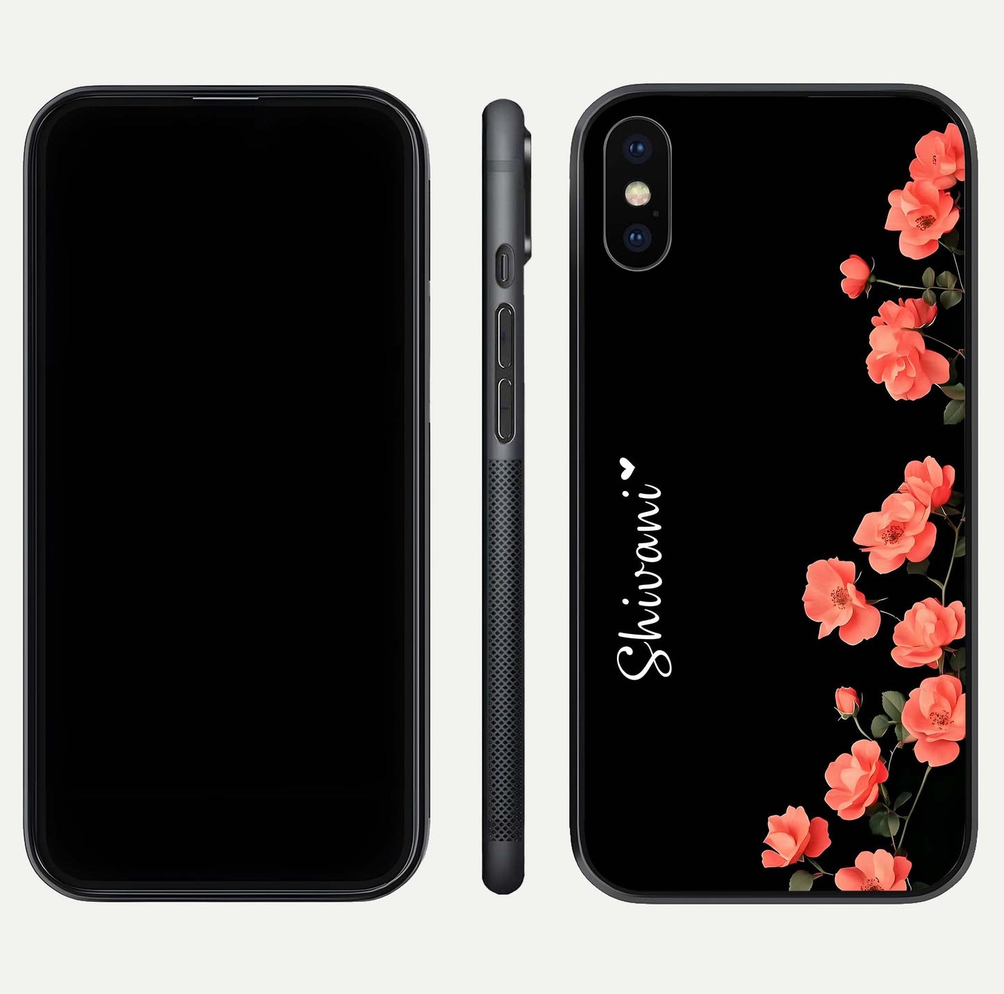 Crimson Bloom Grace Custom Name Glass Case for iPhone X dual-view layout displaying custom text and smooth curved edges