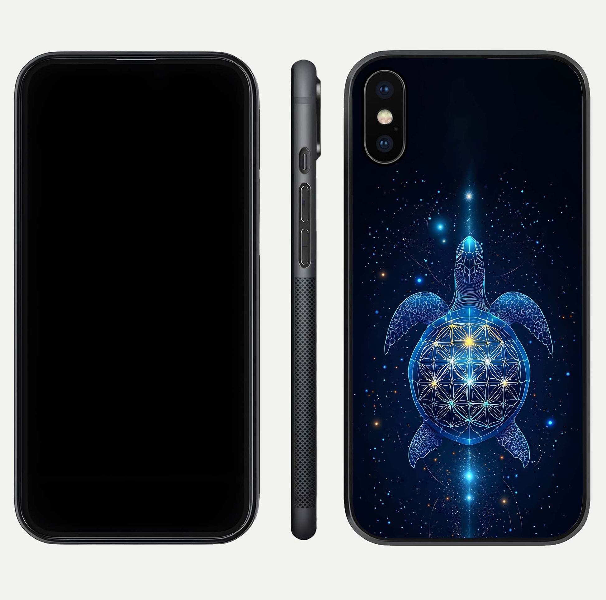 Crimson Blue Turtle Glass Case for iPhone X dual-view layout displaying ocean tones and HD finish
