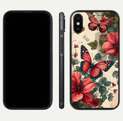 Crimson Butterfly Garden Glass Case for iPhone X dual-view layout displaying floral patterns and edge finish