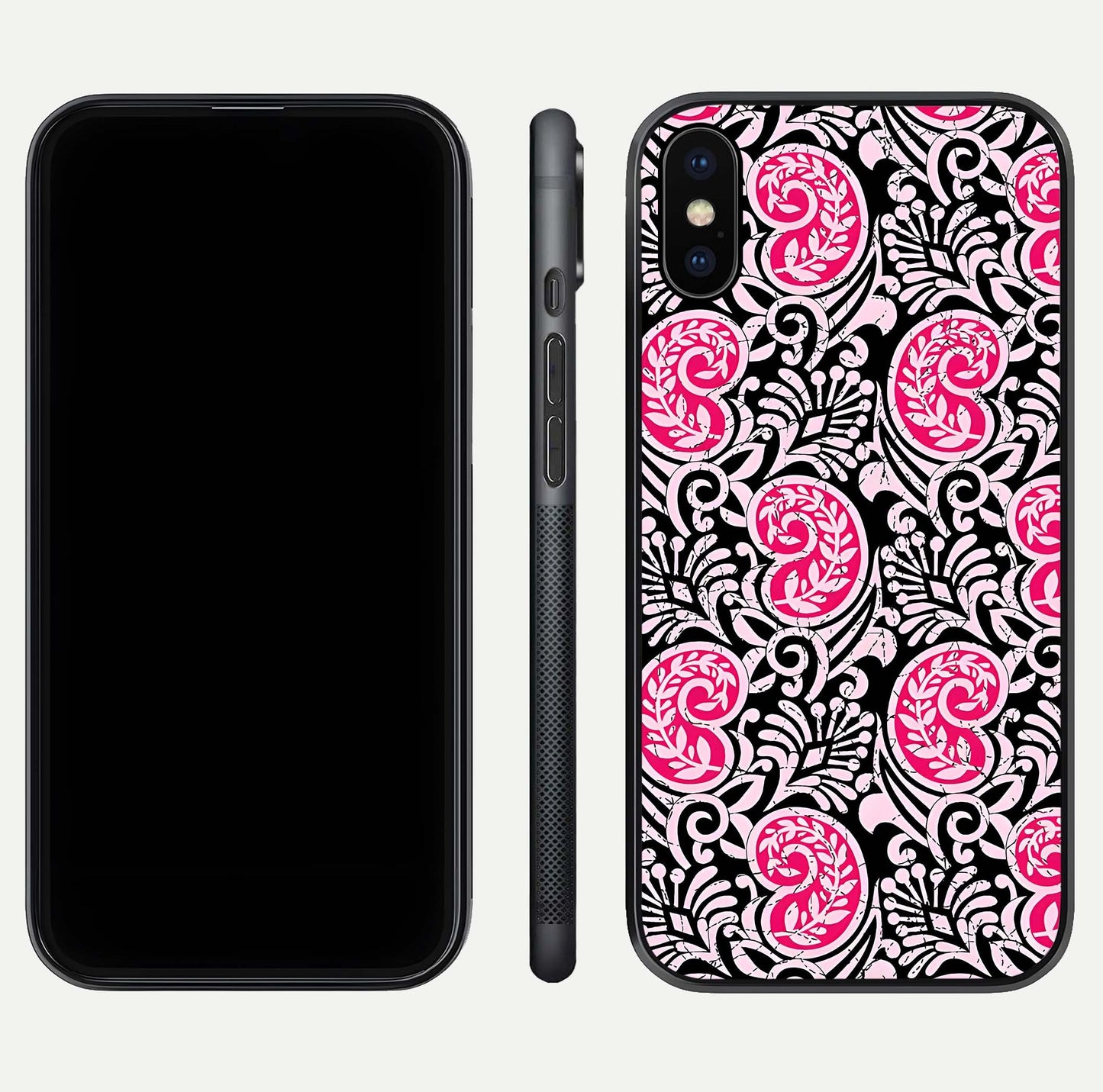 Crimson Paisley Charm Glass Case for iPhone X dual-view layout displaying HD print and curved polish