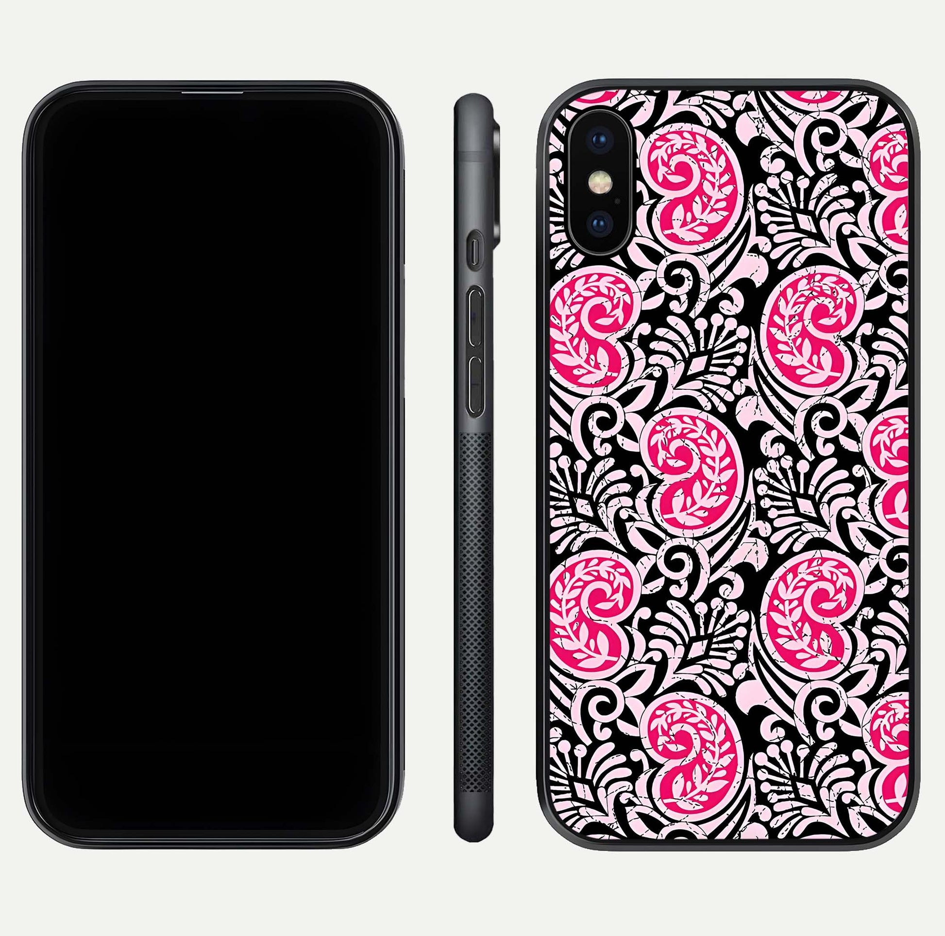 Crimson Paisley Charm Glass Case for iPhone X dual-view layout displaying HD print and curved polish