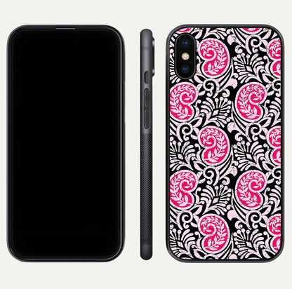 Crimson Paisley Charm Glass Case for iPhone X dual-view layout displaying HD print and curved polish