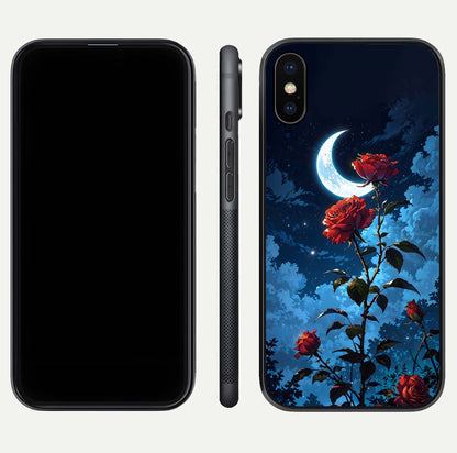 Crimson Rose Moon Glass Case for iPhone X dual-view layout displaying red tones and soft gloss