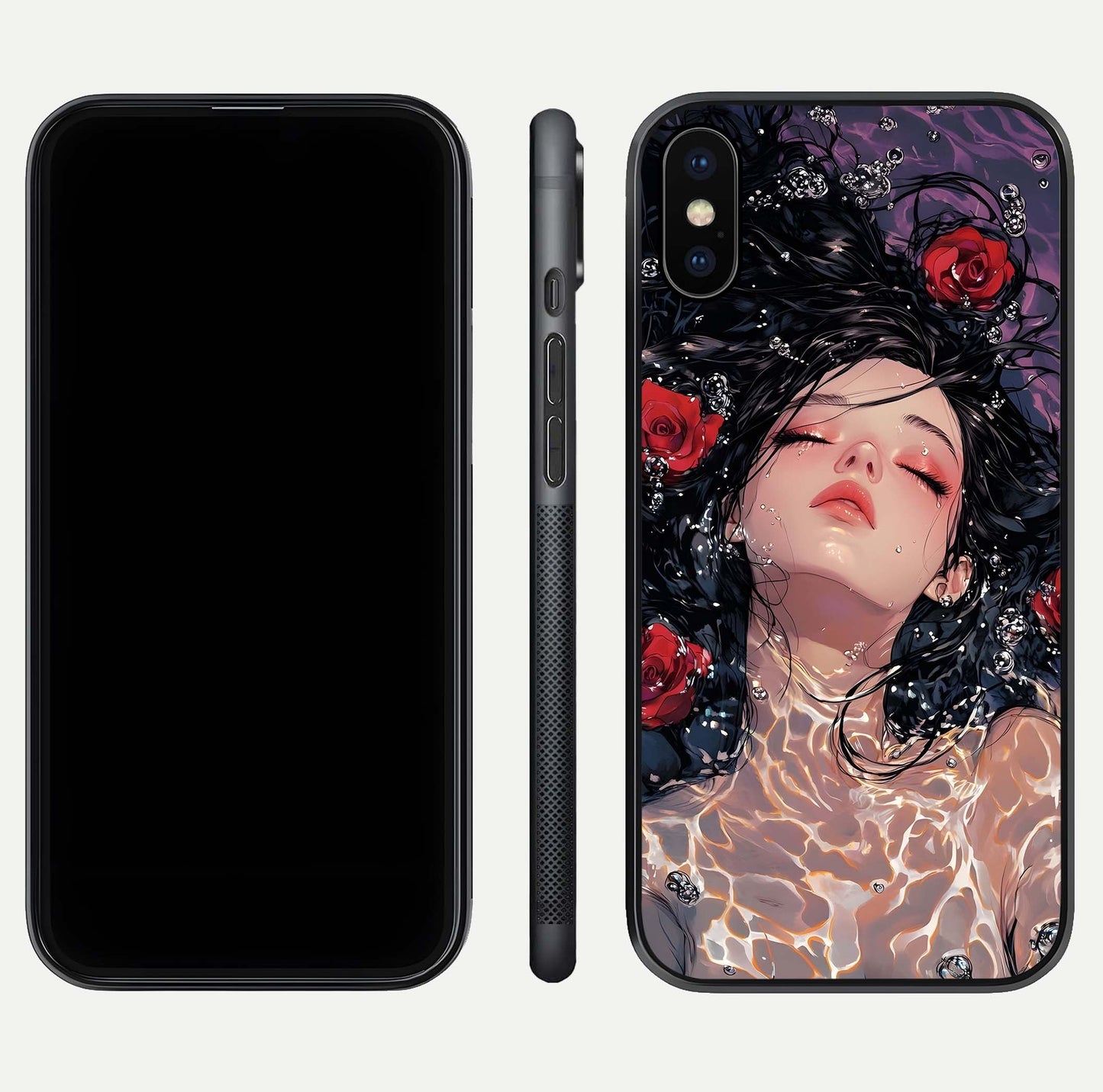 Crimson Rose Serenity Glass Case for iPhone X dual-view layout displaying serenity tones and curved glass