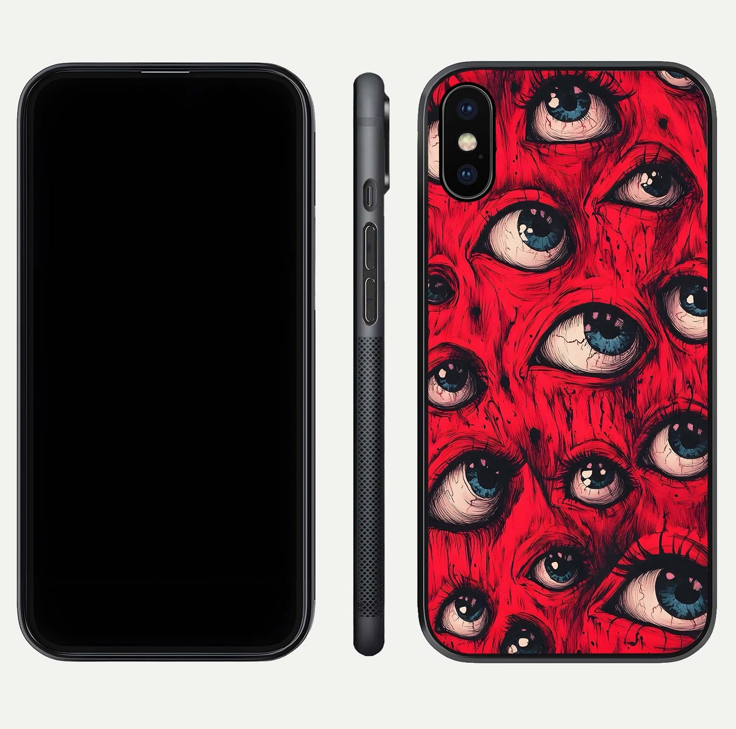 Crimson Watch Eyes Glass Case for iPhone X dual-view layout displaying abstract tones and curved edges