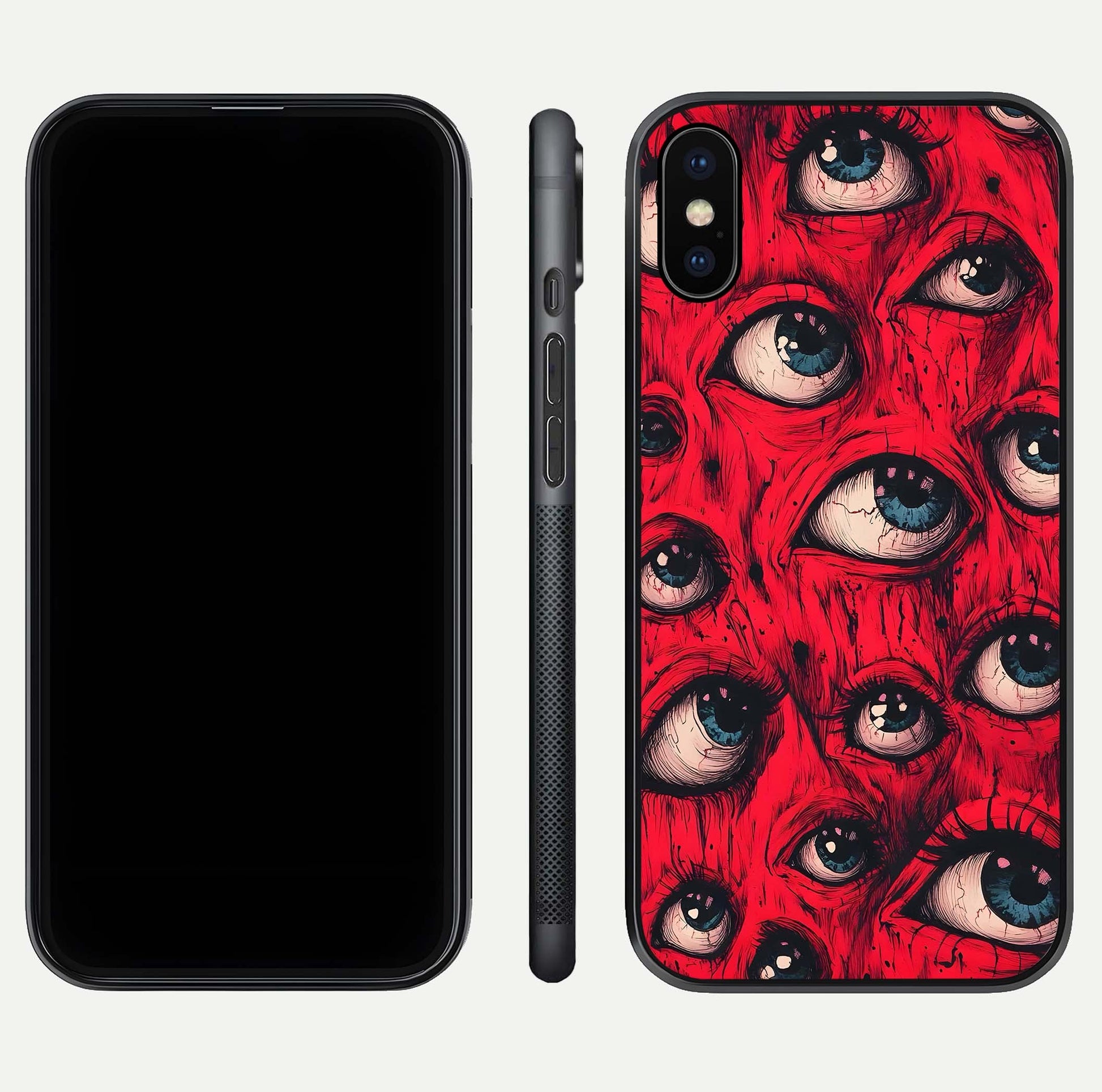 Crimson Watch Eyes Glass Case for iPhone X dual-view layout displaying abstract tones and curved edges