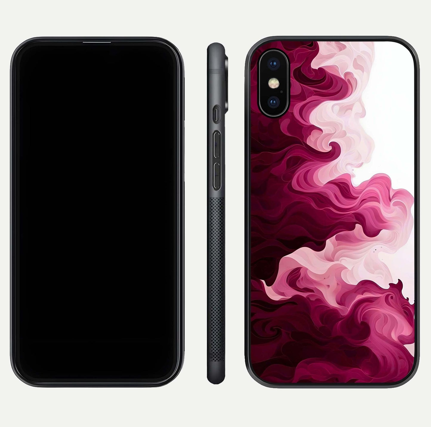 Crimson Wave Flow Glass Case for iPhone X dual-view layout displaying curved wave art and polished surface
