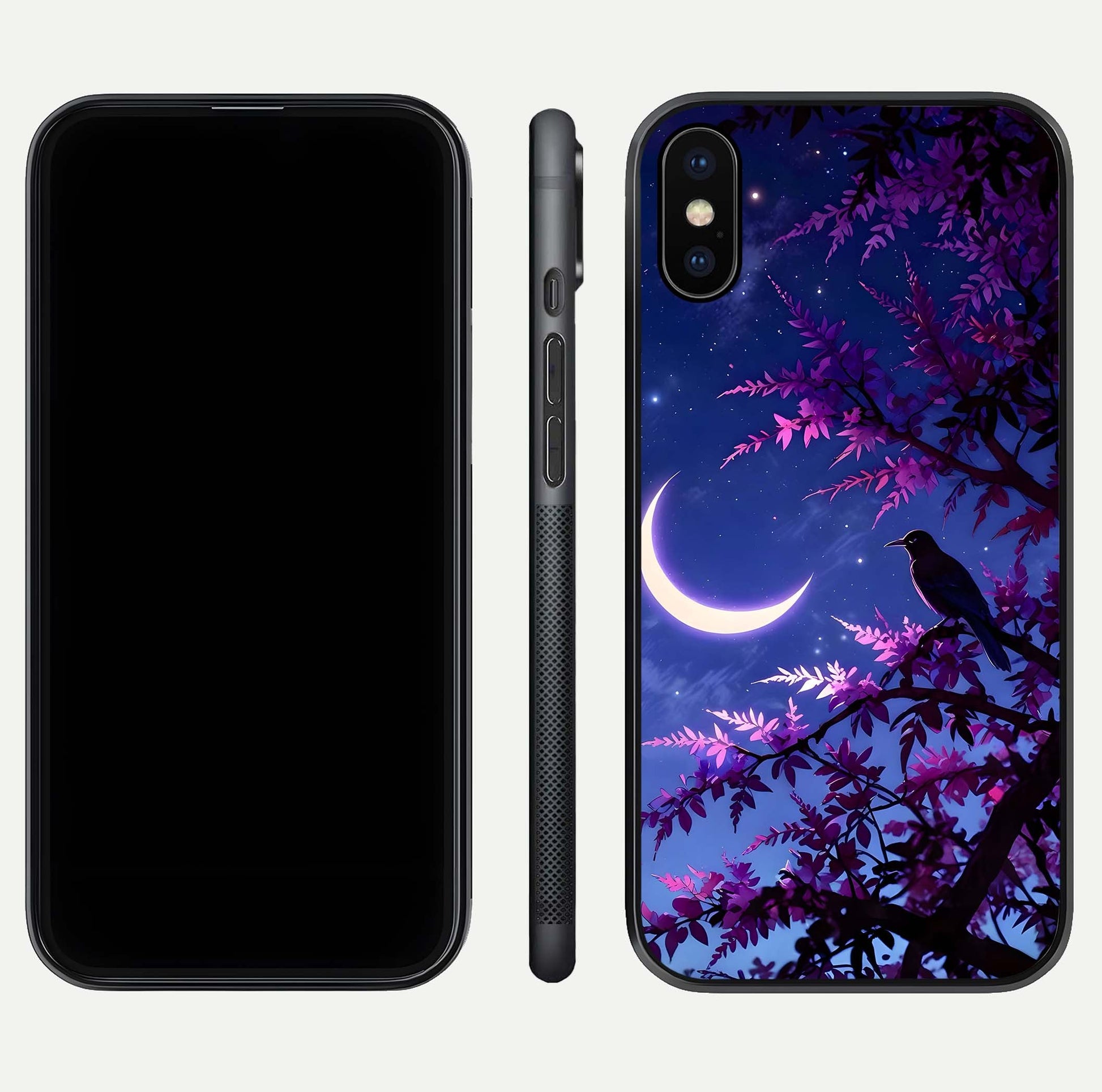Crow & Moon Scenery Glass Case for iPhone X dual-view layout displaying night sky art and curved glass edges