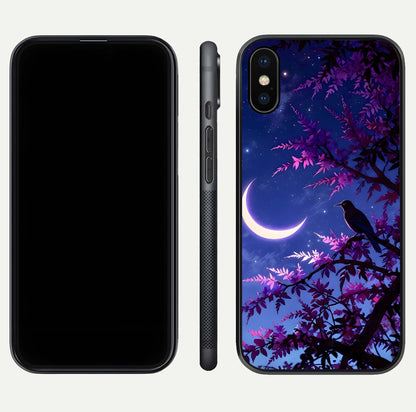 Crow & Moon Scenery Glass Case for iPhone X dual-view layout displaying night sky art and curved glass edges