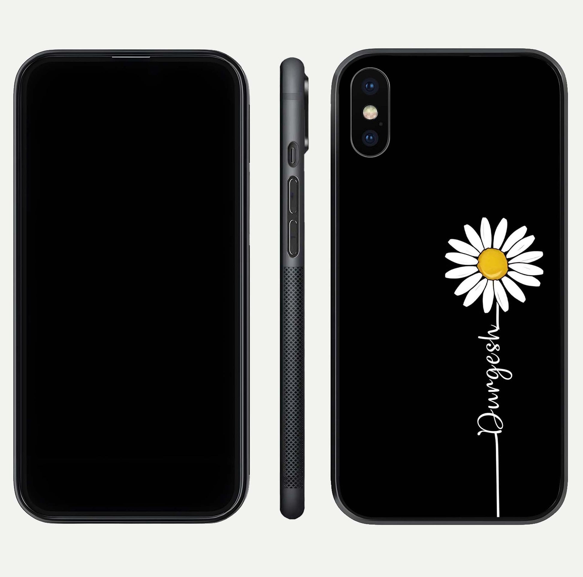 Custom Name White Flower Glass Case for iPhone X dual-view layout showing elegant floral tone and curved edge finish