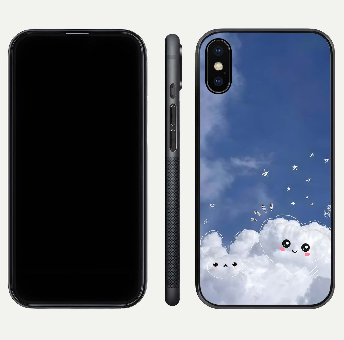 Cute Blossom Cloud Glass Case for iPhone X dual-view layout displaying cute floral clouds and polished edge
