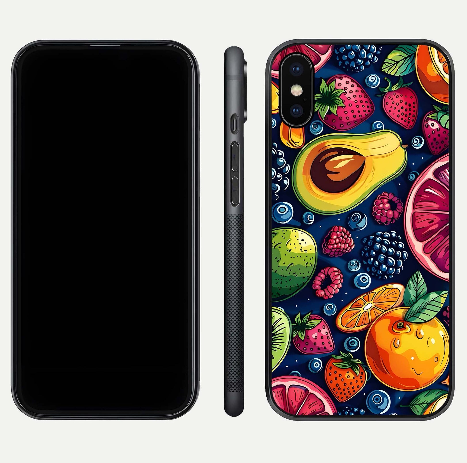 Cute Fruits Art Glass Case for iPhone X dual-view layout displaying playful tones and curved design