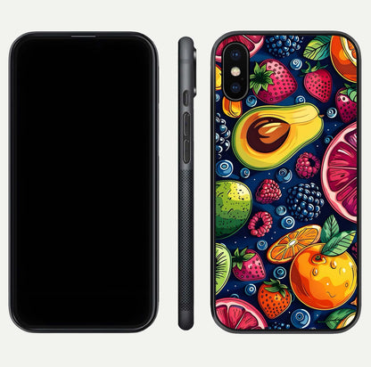 Cute Fruits Art Glass Case for iPhone X dual-view layout displaying playful tones and curved design