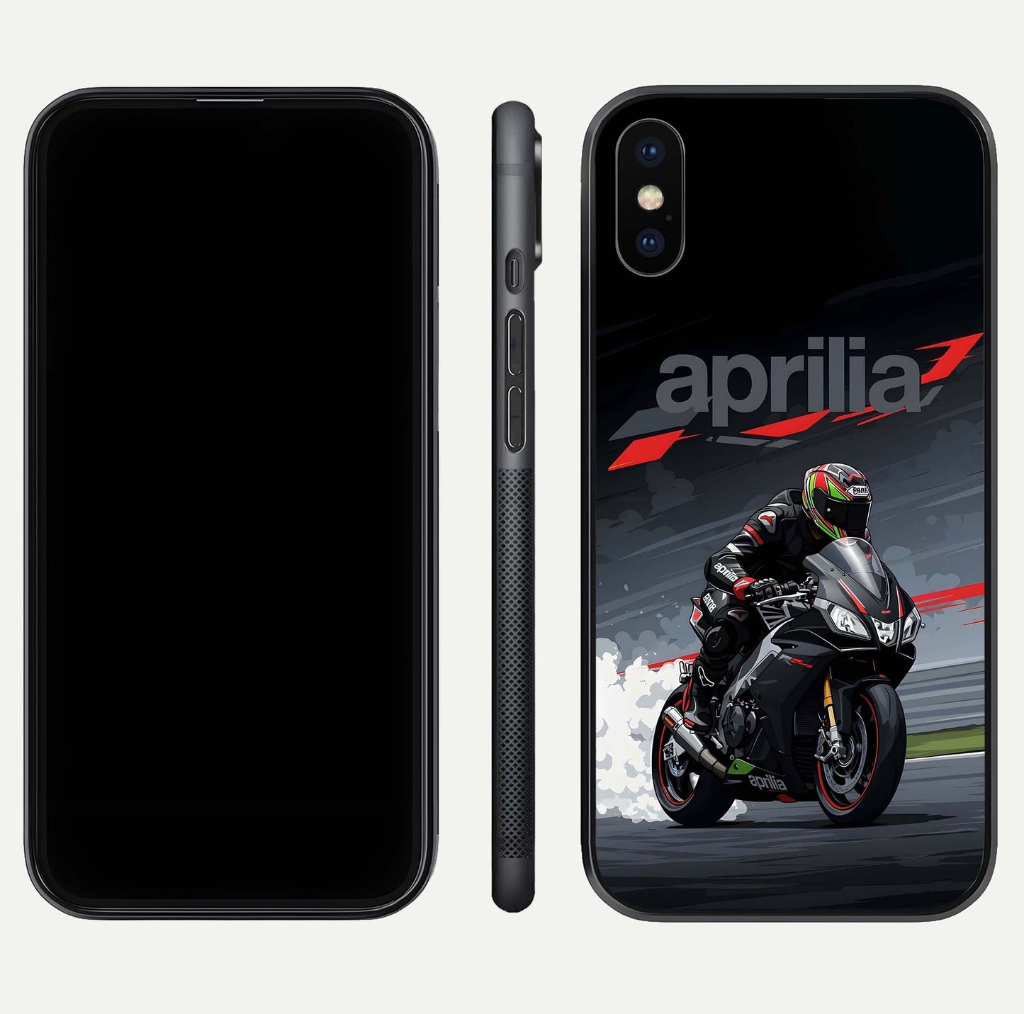 Dark Aprilla Glass Case for iPhone X dual-view layout displaying sleek racing look and HD shine