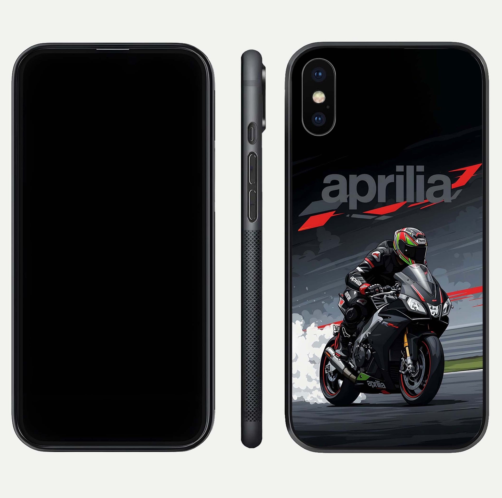 Dark Aprilla Glass Case for iPhone X dual-view layout displaying sleek racing look and HD shine