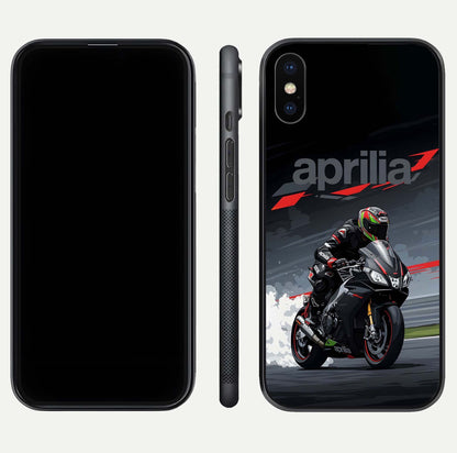 Dark Aprilla Glass Case for iPhone X dual-view layout displaying sleek racing look and HD shine