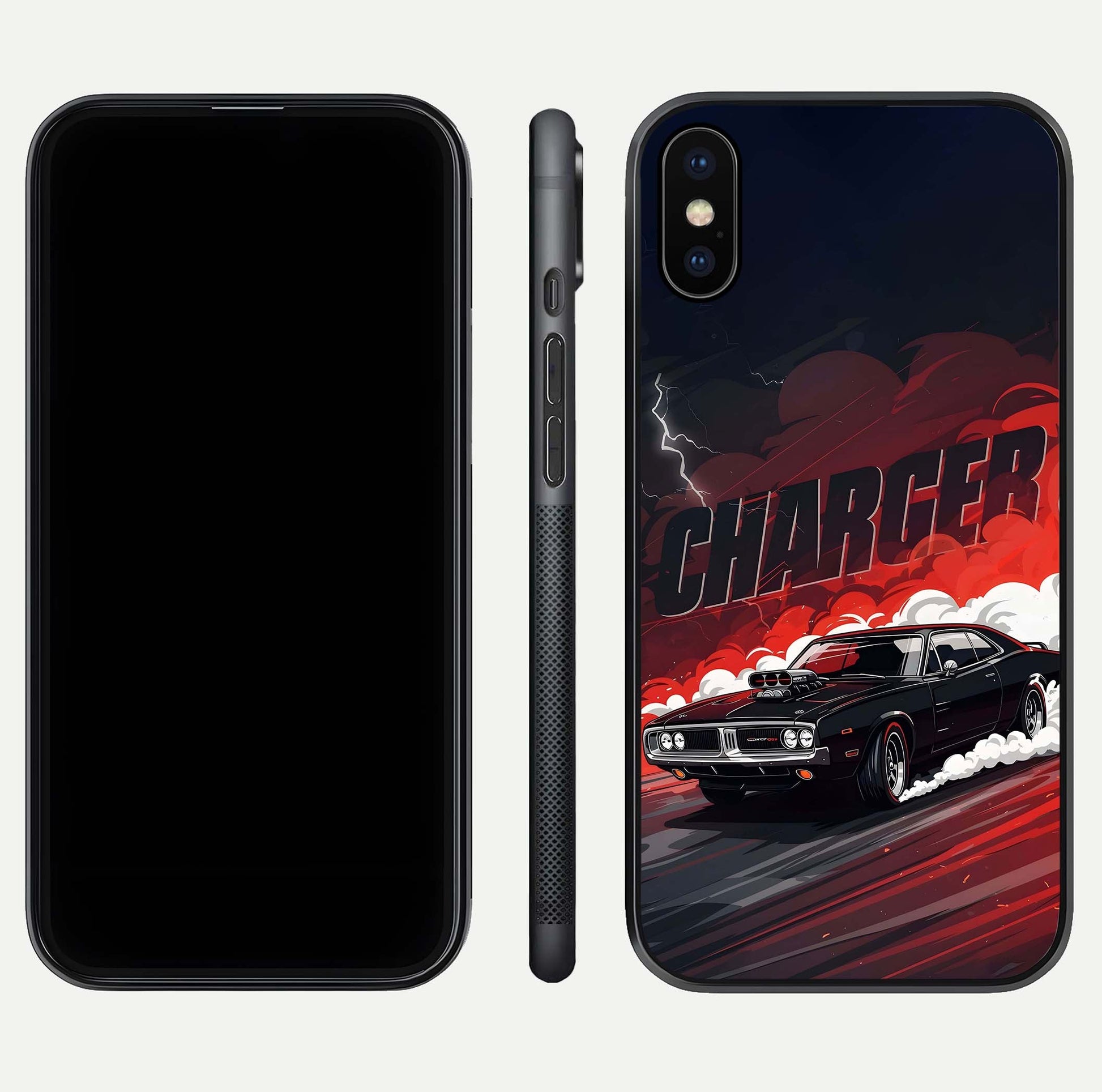 Dark Charger Fury Glass Case for iPhone X dual-view layout displaying HD design and polished edges