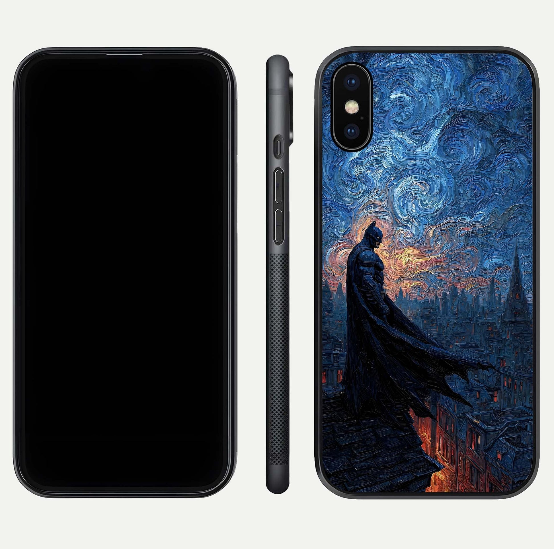 Dark Knight Dusk Glass Case for iPhone X dual-view layout displaying HD hero print and curved glass edges