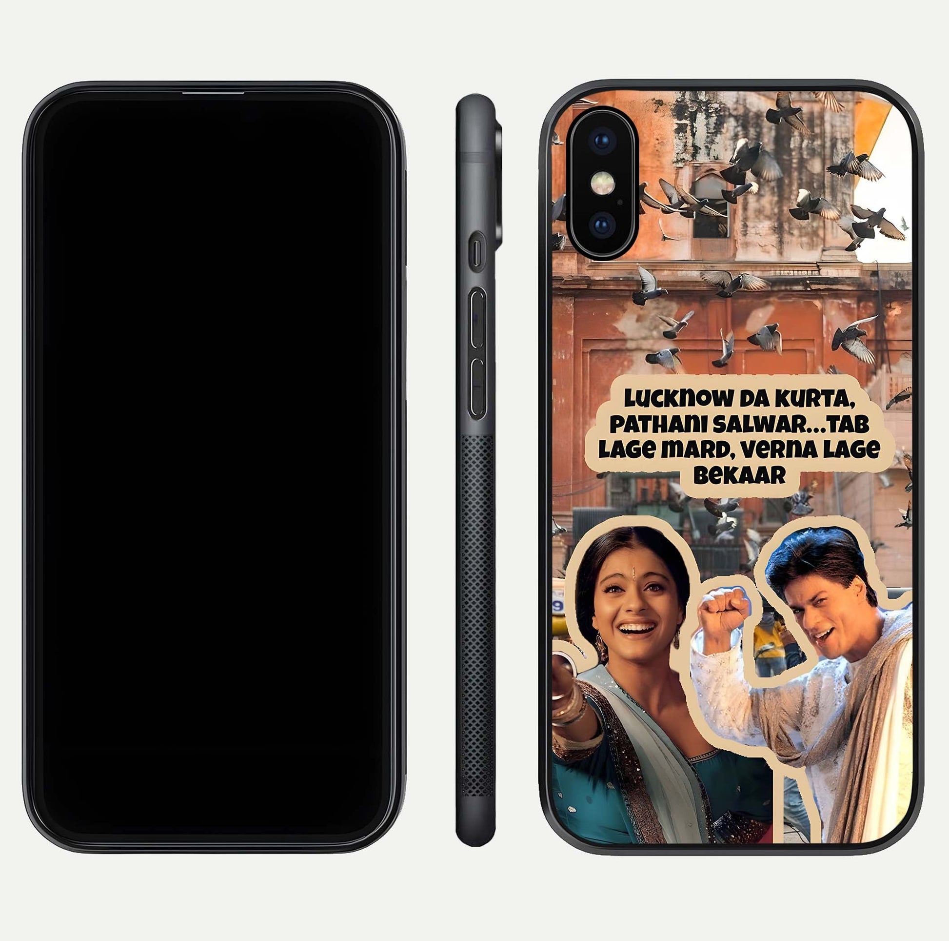 Desi Retro Vibes Glass Case for iPhone X dual-view layout showing nostalgic design and smooth glass curve