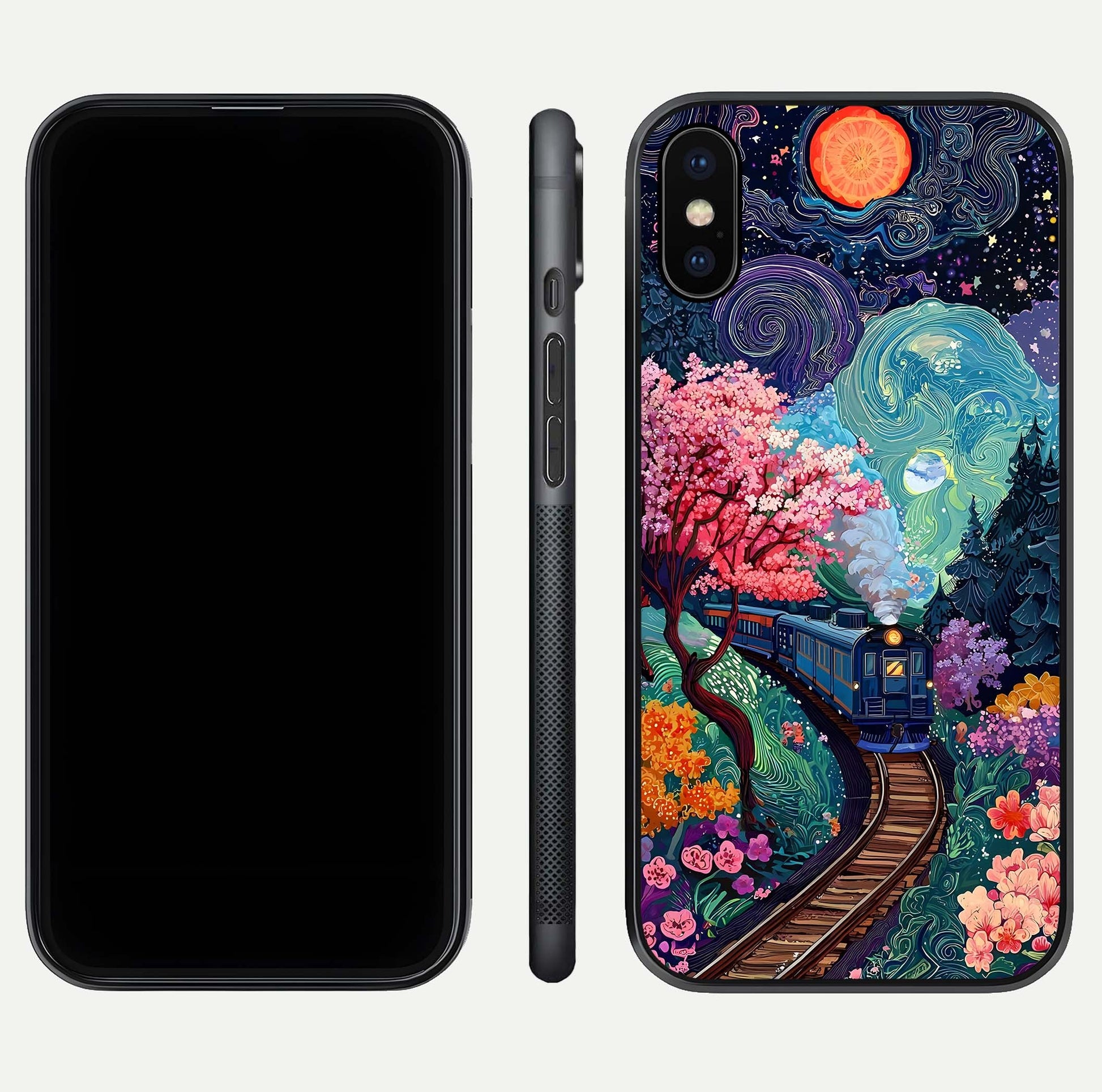 Digital Art Glass Case for iPhone X dual-view layout displaying artistic tones and curved glass edge