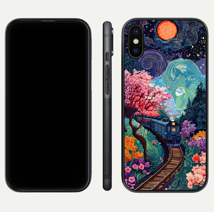 Digital Art Glass Case for iPhone X dual-view layout displaying artistic tones and curved glass edge