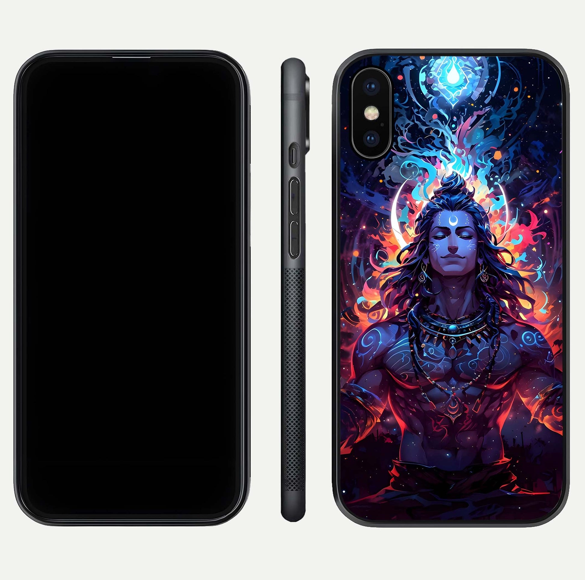 Divine Fire Shiv Glass Case for iPhone X dual-view layout displaying HD deity print and curved edges