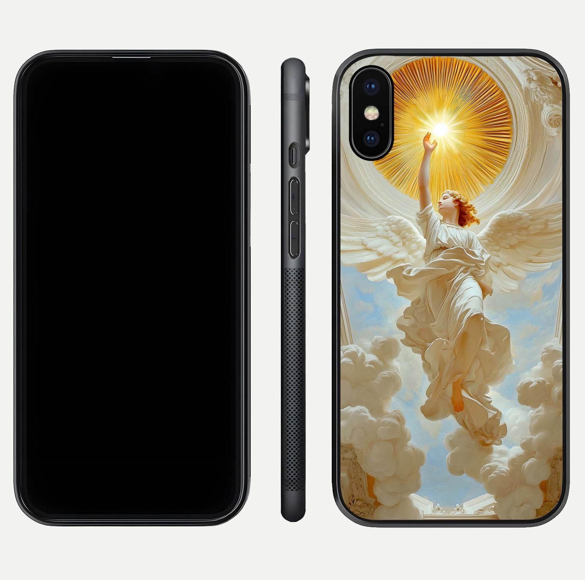 Divine Light Angel Glass Case for iPhone X dual-view layout displaying celestial tones and smooth curves