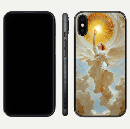 Divine Light Angel Glass Case for iPhone X dual-view layout displaying celestial tones and smooth curves
