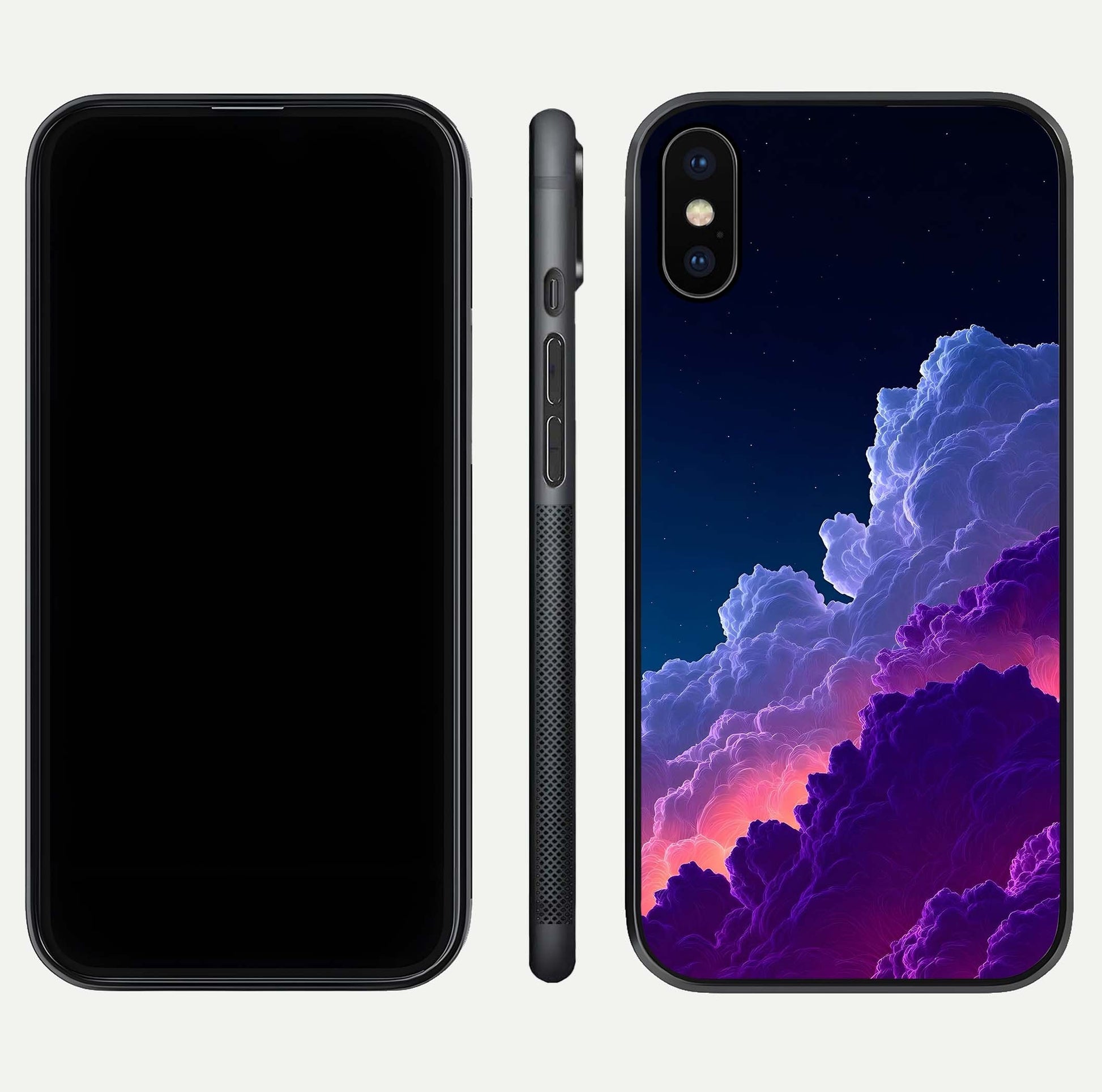 Dreamy Cloud Skies Glass Case for iPhone X dual-view layout displaying calm sky art and smooth curve