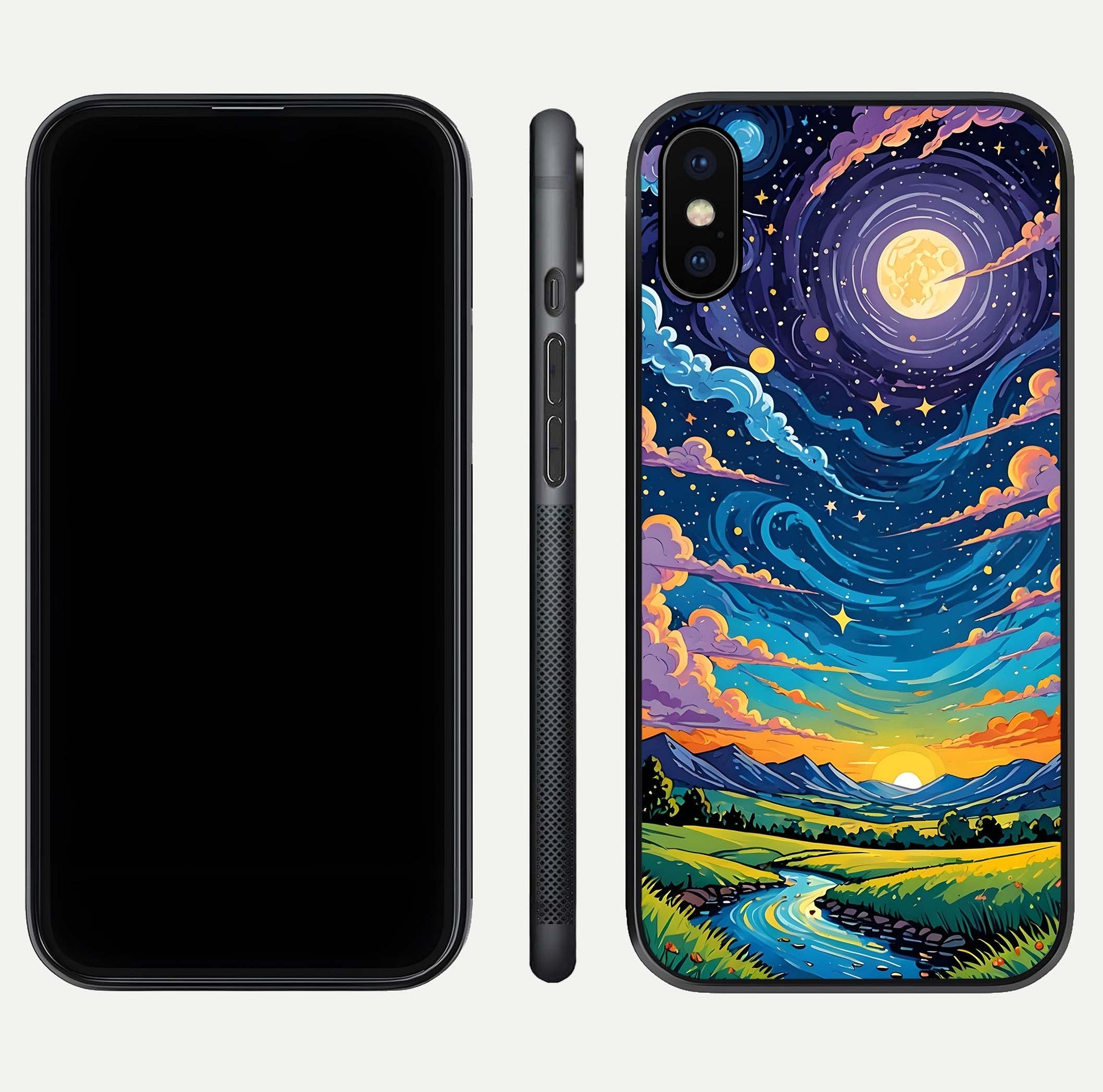 Dreamy Night Landscape Glass Case for iPhone X dual-view layout displaying HD print and curved glass edges