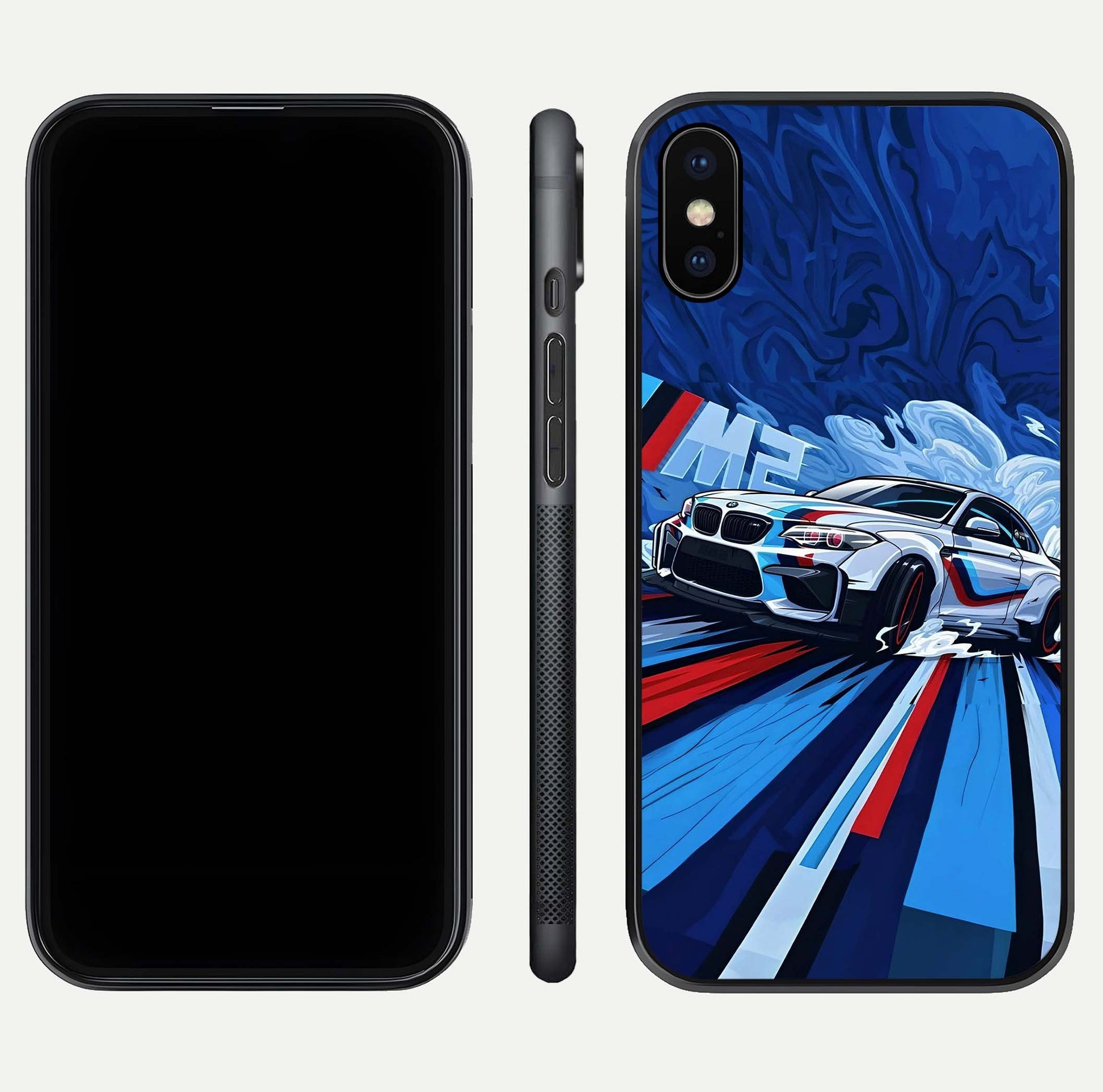Drift Power Rush Glass Case for iPhone X dual-view layout displaying dynamic motion art and HD gloss