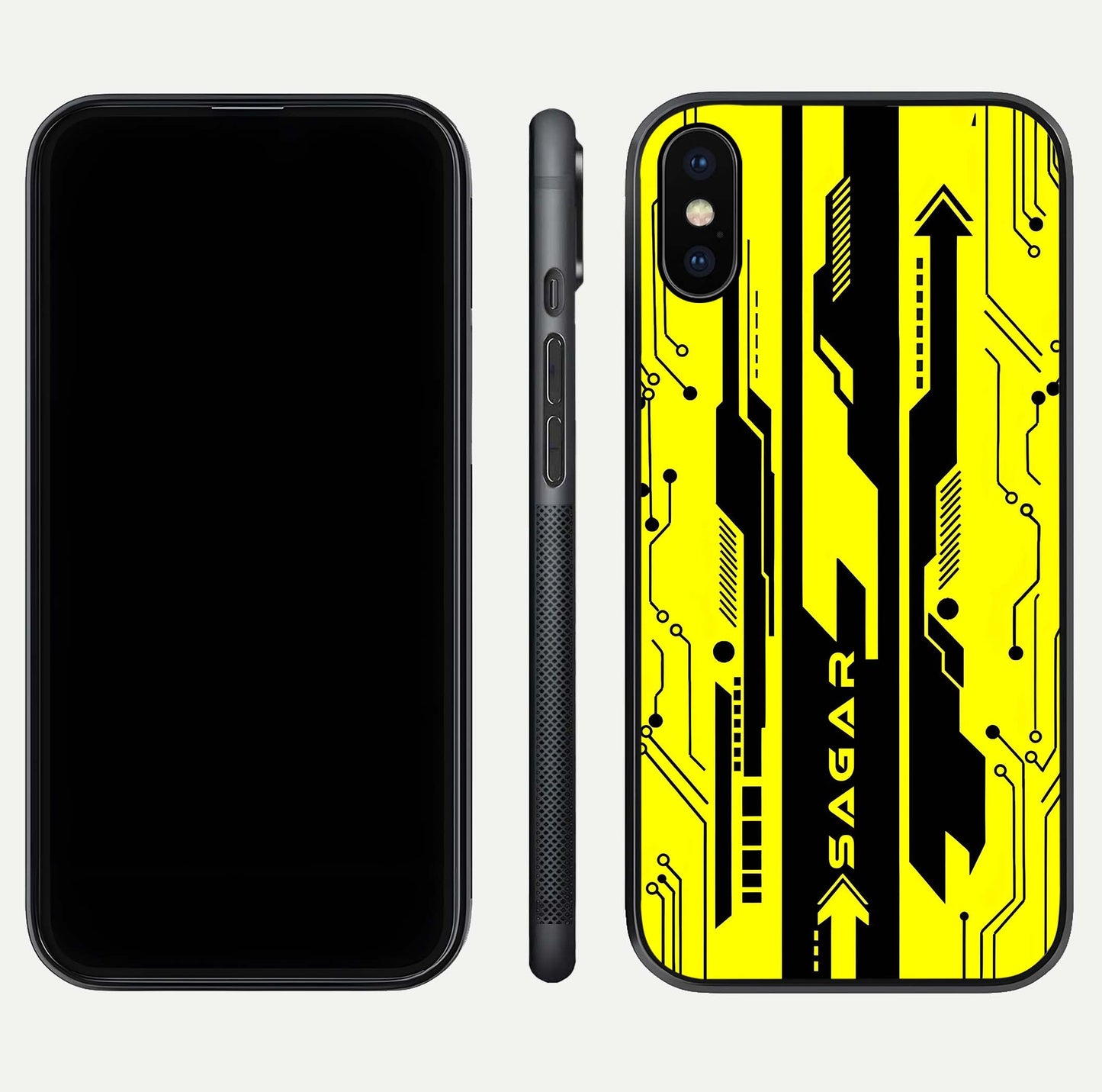 Electric Pulse CYBERPUNK Custom Name Glass Case for iPhone X dual-view layout displaying futuristic hues and curved glass edges