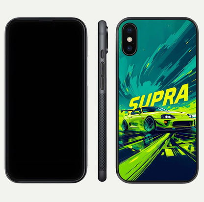 Electric Supra Thunder Glass Case for iPhone X dual-view layout displaying dynamic motion art and curved finish
