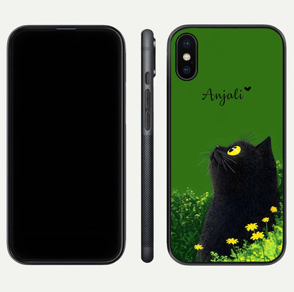 Emerald Cat Custom Name Glass Case for iPhone X dual-view layout displaying artistic tones and smooth curves